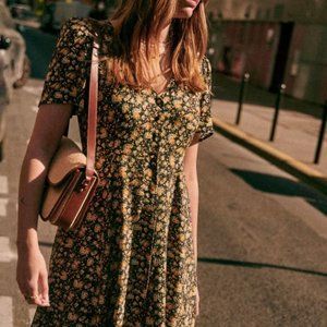 Sezane Vivienne Midi Dress | Black & Yellow Blossoms | Size 38